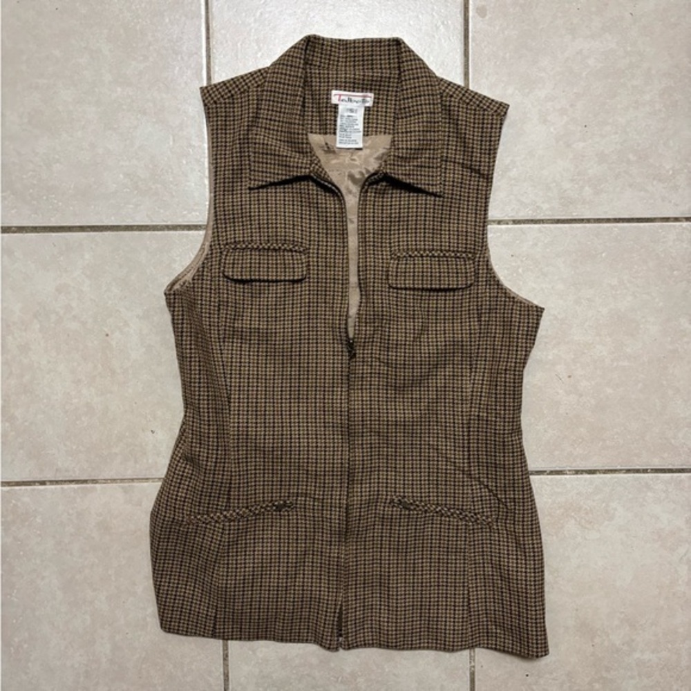 Talbots Small Vest Wool Blend Vintage  Zip Up Plaid Houndstoth Safari Utility
